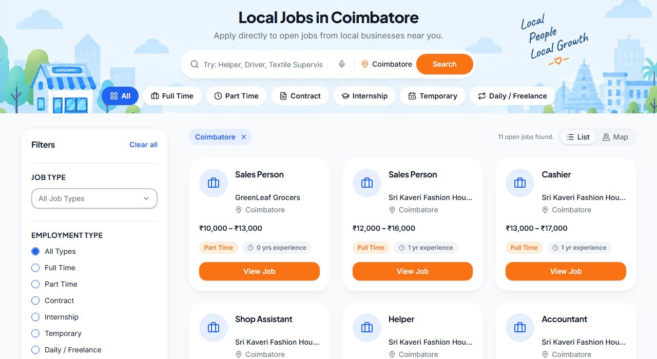 Jobs search results, list view