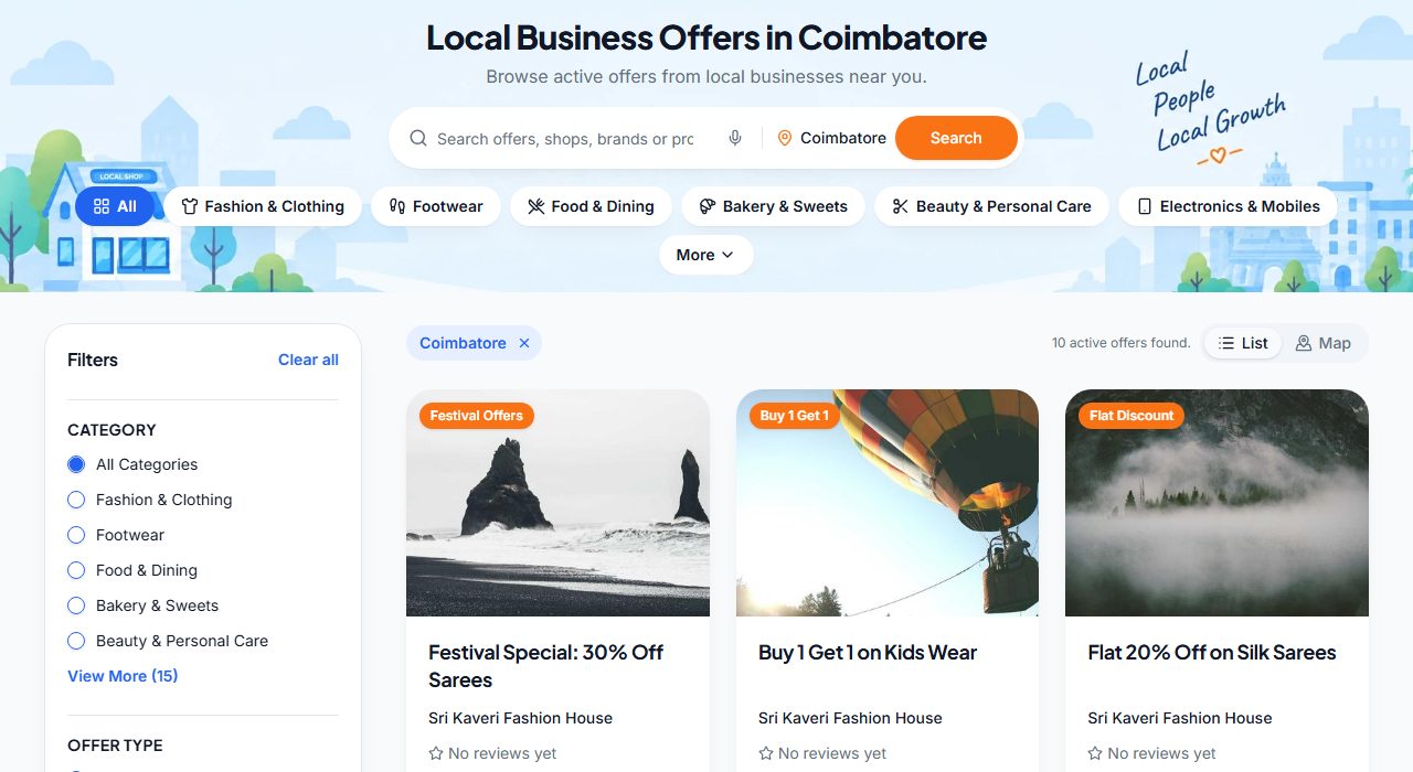 Offers search results, list view