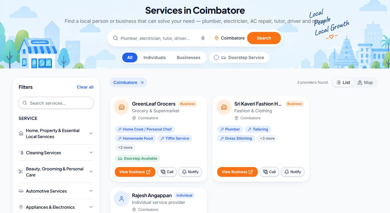 Services search results, list view